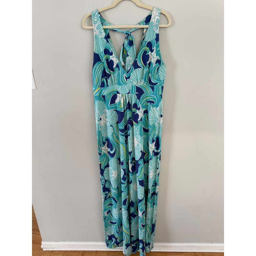 Lilly Pulitzer Maxi Dress Womens L Blue Silk Cotton Coastal Shells Flowy Resort